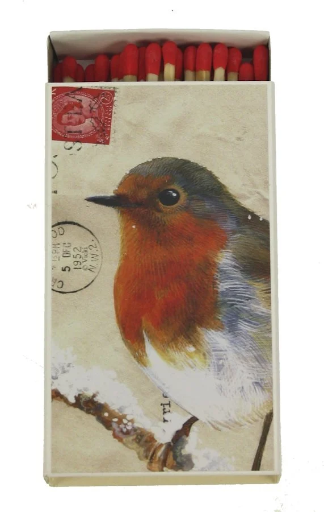 [33L151] Meander - Streichhölzer Rotkehlchen am Zweig Schnee - 11x6,5x2cm
