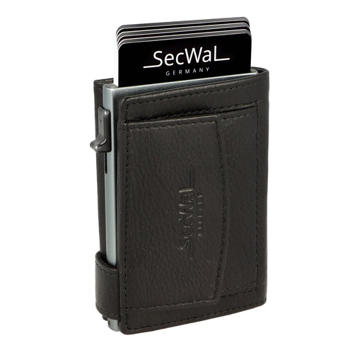 [SW2-01] SecWal - Kartenetui mit Geldbeutel Münzfach Druckknopf Leder schwarz (Glattleder)