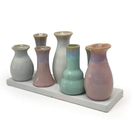 [Vase-009] Mea Living - 7 Väschen auf Tablett groß Keramik multicolour