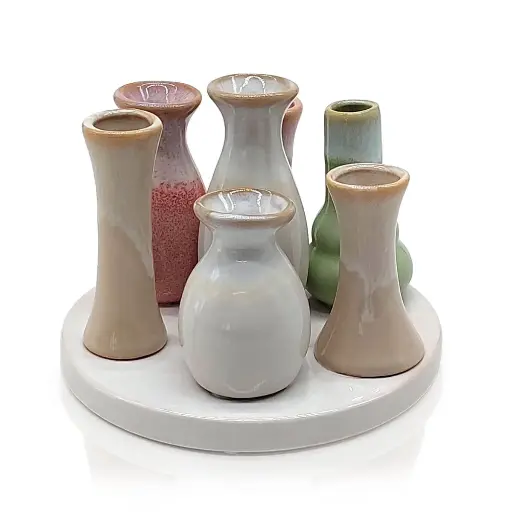 [vase-018] Mea Living - 7 Väschen auf rundem Tablett Keramik multicolour