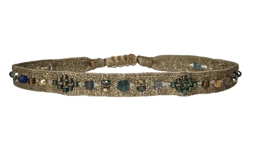 [MT80GEMS01-AW25] LeJu - Bracelet gold polyester threads with blue, green, gold glass beads 