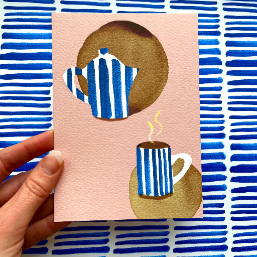 Elena Klein - Postkarte - Kaffeezeit (Kaffeekanne und Tasse) - Flecken mit echtem Kaffee