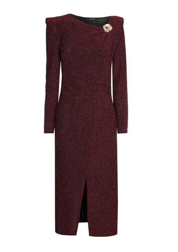 Caroline Biss - Comfortable fitted dress lurex, high split, wine