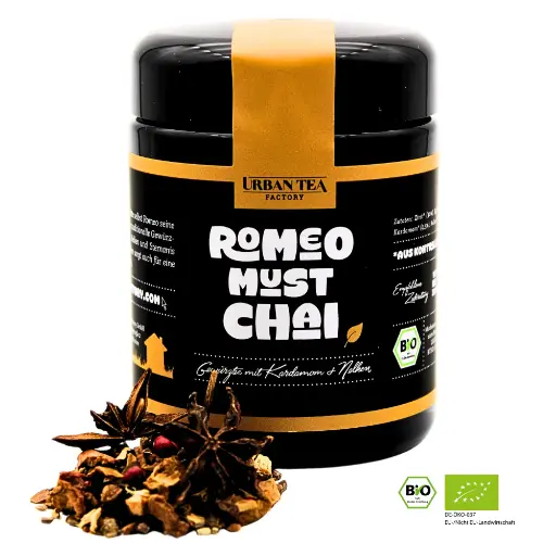 [UTFTG101] Urban Tea - Romeo Must Chai - Bio Gewürztee mit Kardamom & Nelke im Violettglas - 65g