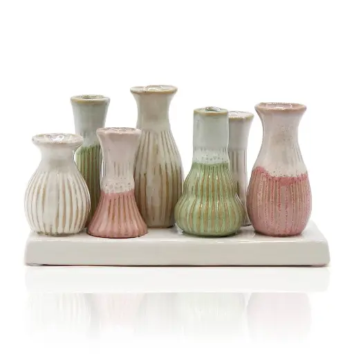 [VASE-031] Mea Living - 7 Väschen geriffelt auf Tablett aus Keramik - multicolour