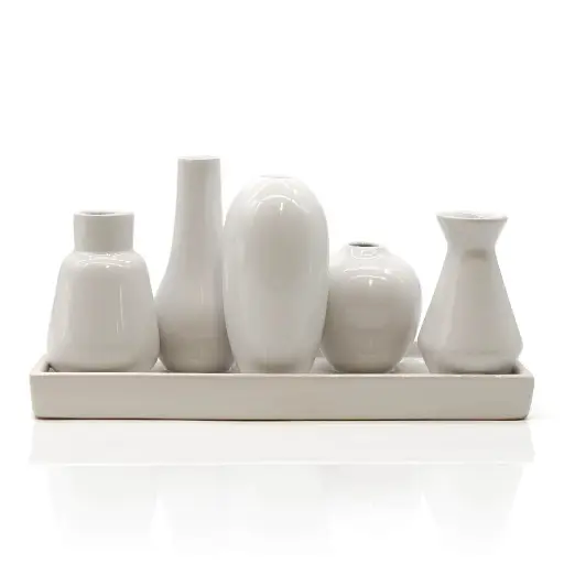 [VASE-024] Mea Living - 5 Väschen "bauchig" auf Tablett aus Keramik weiß groß