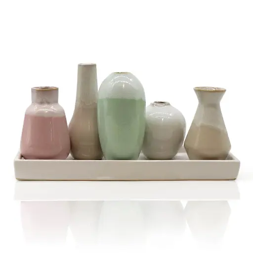 [VASE-025] Mea Living - 5 Väschen "bauchig" auf Tablett aus Keramik multicolor groß