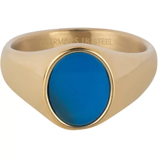 Charmins Ring - R1484 - Gold-Colored Signet Ring with Flat Oval Synthetic Blue Gemstone Steel