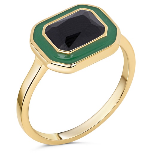 Charmins Ring - R1778 - Gold-Tone Chunky Ring Green Enamel and Black Stone Bold and Sophisticated