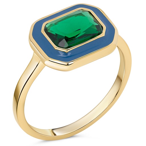 Charmins Ring - R1780 - Gold-Colored Chunky Ring Blue Enamel and Green Stone Chic and Vintage