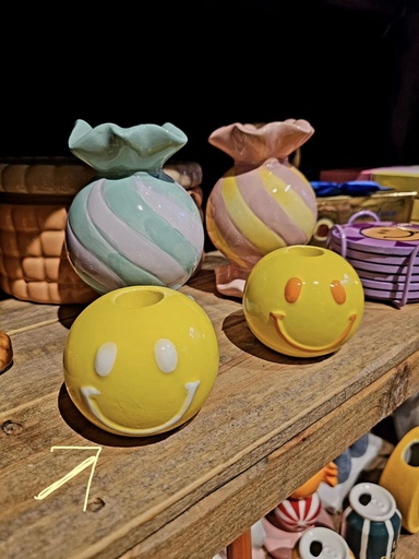 [868101] Kerzenhalter Kugel SMILEY yellow white 7x7x6 cm