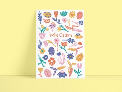 Süsswarenladenfrau - Postkarte - Osterblumen