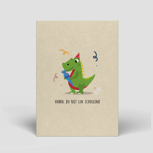 [PT0091] Naturbedacht - Postkarte - Dino mit Schultüte (Hurra du bist ein schulkind) 