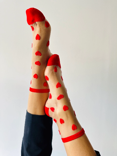Sockette - Transparente Socken - Laure - rote Herzchen