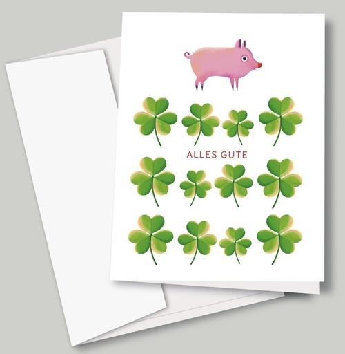 Luckycatstudio - Klappkarte mit Umschlag - Kleeblätter Schweinchen Alles Gute
