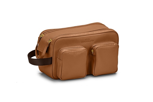 [13431] Doppel-Waschtasche | karamell | braun | gold | genarbt