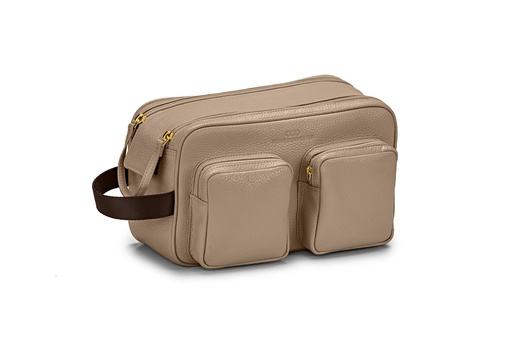 [13405] Doppel-Waschtasche | taupe | braun | gold | genarbt